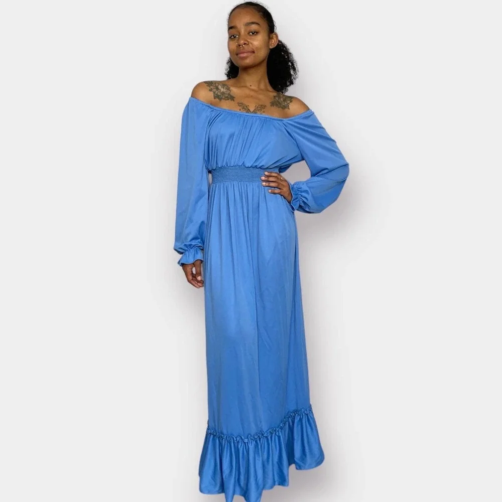 70s Blue Long Sleeve Maxi Dress - Picture 2 of 5